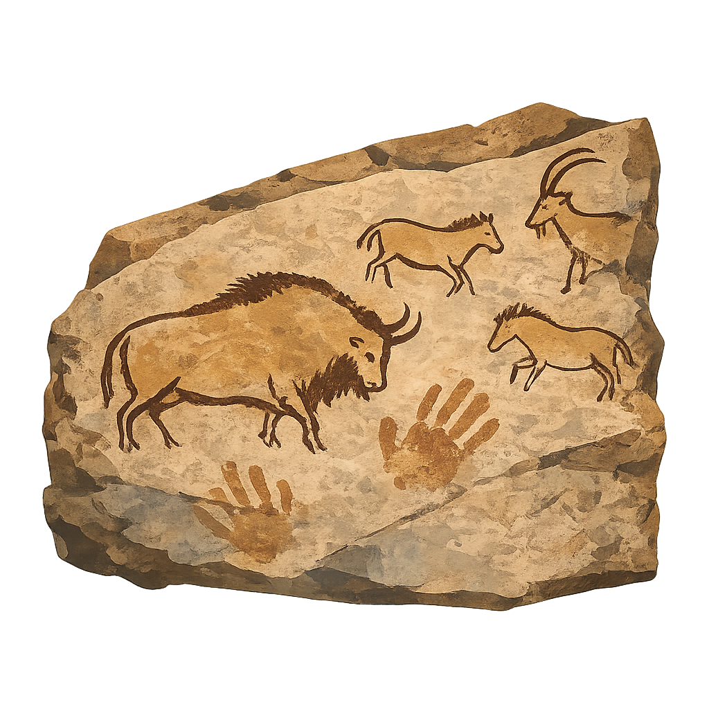 Painted cave wall fragment with bison, horses and handprints