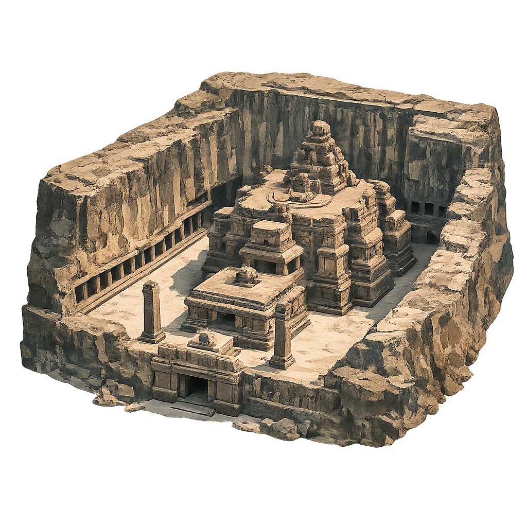 Rock-cut temple carved downward from solid basalt