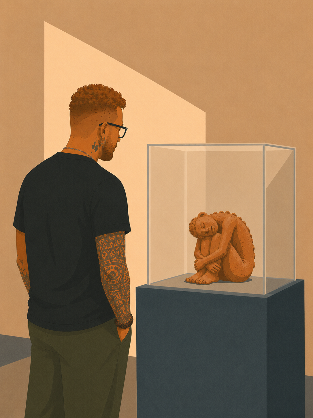 Kris at a museum case with a seated terracotta figure inside a glass vitrine on a podium