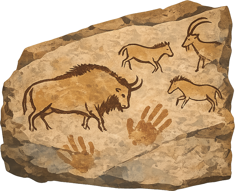 Painted cave wall fragment with bison, horses and handprints