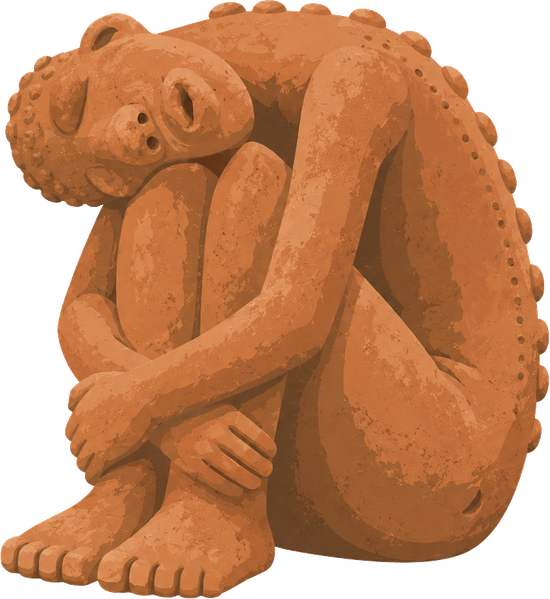 Seated terracotta figure, hands resting, head slightly bowed