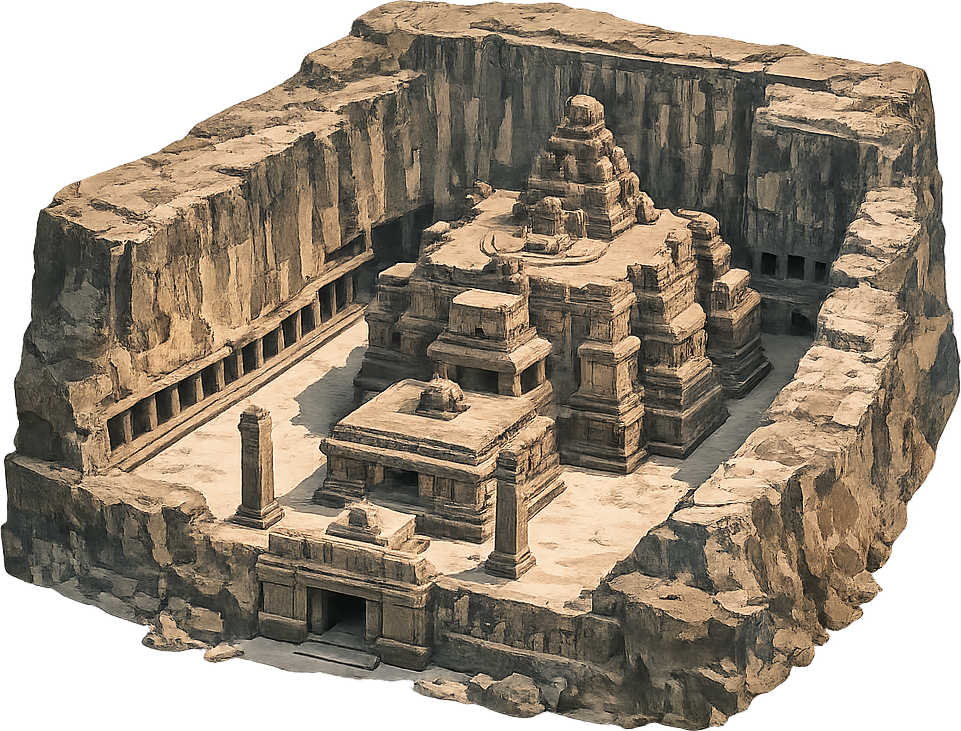 Rock-cut temple carved downward from solid basalt